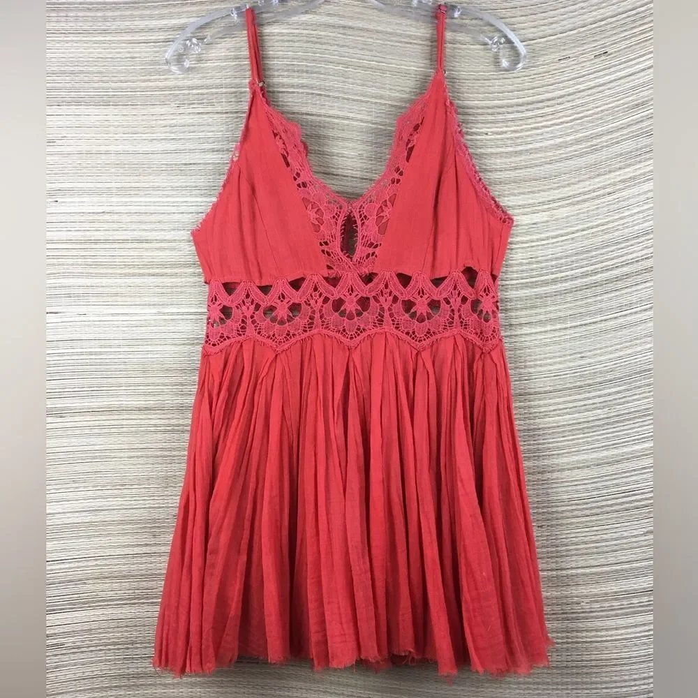 FREE PEOPLE Red-Orange Ilektra Mini Dress Cotton